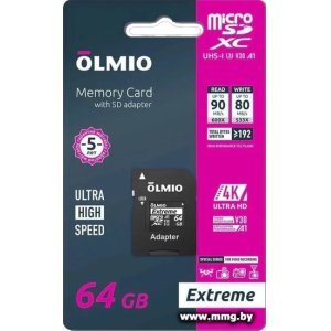Купить Olmio 64GB microSDXC Extreme UHS-I (U3) в Минске, доставка по Беларуси